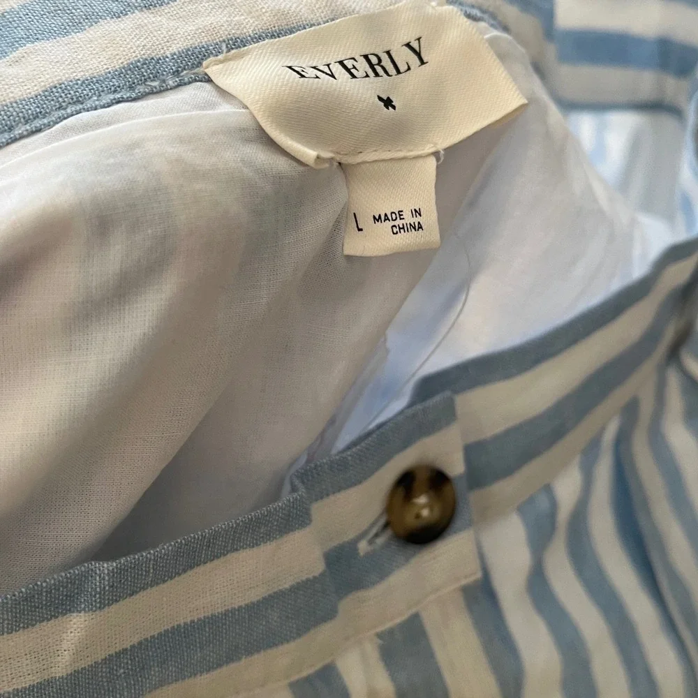 Everly Blue White Striped Linen Blend Button Front Midi Skirt Womens Large‎